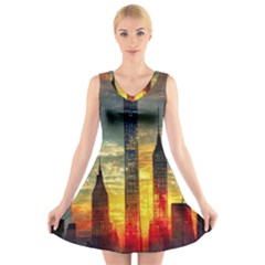 New York City Sunset Dusk Twilight V-neck Sleeveless Dress by Wegoenart