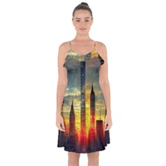 New York City Sunset Dusk Twilight Ruffle Detail Chiffon Dress