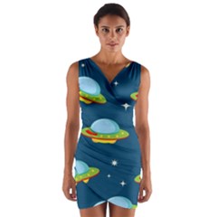 Seamless Pattern Ufo With Star Space Galaxy Background Wrap Front Bodycon Dress by Wegoenart