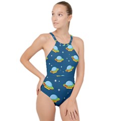 Seamless Pattern Ufo With Star Space Galaxy Background High Neck One Piece Swimsuit by Wegoenart