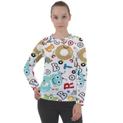 Seamless Pattern Vector With Funny Robot Cartoon Women s Long Sleeve Raglan Tee