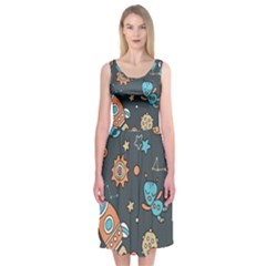 Rocketship Astronaut Space Seamless Pattern Midi Sleeveless Dress by Wegoenart