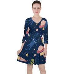Seamless Pattern With Funny Alien Cat Galaxy Quarter Sleeve Ruffle Waist Dress by Wegoenart