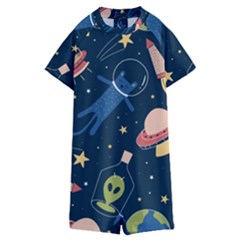 Seamless Pattern With Funny Alien Cat Galaxy Kids  Boyleg Half Suit Swimwear by Wegoenart