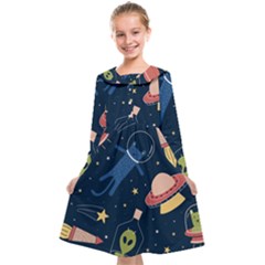 Seamless Pattern With Funny Alien Cat Galaxy Kids  Midi Sailor Dress