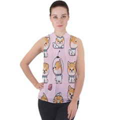 Set Kawaii Smile Japanese Dog Cartoon Mock Neck Chiffon Sleeveless Top by Wegoenart