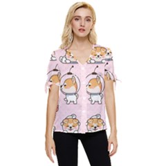 Set Kawaii Smile Japanese Dog Cartoon Bow Sleeve Button Up Top