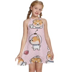 Set Kawaii Smile Japanese Dog Cartoon Kids  Halter Collar Waist Tie Chiffon Dress by Wegoenart