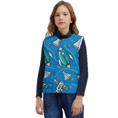 Rocket Ship Space Seamless Pattern Kid s Short Button Up Puffer Vest	 by Wegoenart