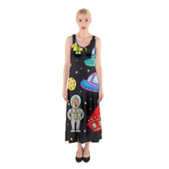 Seamless Pattern With Space Object Ufo Rocket Alien Hand Drawn Element Space Sleeveless Maxi Dress by Wegoenart