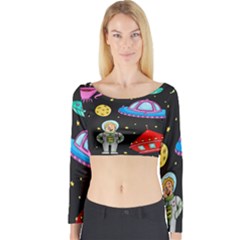 Seamless Pattern With Space Object Ufo Rocket Alien Hand Drawn Element Space Long Sleeve Crop Top by Wegoenart