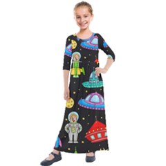 Seamless Pattern With Space Object Ufo Rocket Alien Hand Drawn Element Space Kids  Quarter Sleeve Maxi Dress by Wegoenart