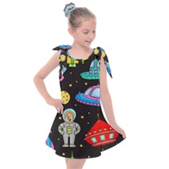 Seamless Pattern With Space Object Ufo Rocket Alien Hand Drawn Element Space Kids  Tie Up Tunic Dress by Wegoenart