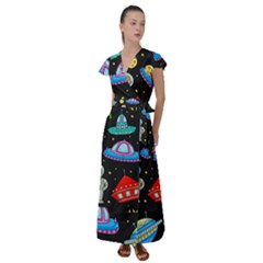 Seamless Pattern With Space Object Ufo Rocket Alien Hand Drawn Element Space Flutter Sleeve Maxi Dress by Wegoenart