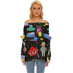 Seamless Pattern With Space Object Ufo Rocket Alien Hand Drawn Element Space Off Shoulder Chiffon Pocket Shirt by Wegoenart