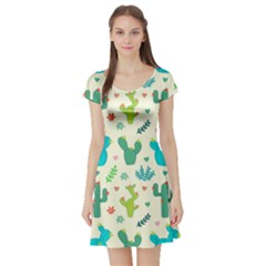 Cactus Succulent Floral Seamless Pattern Short Sleeve Skater Dress by Wegoenart