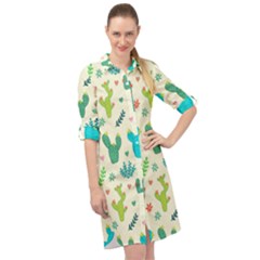Cactus Succulent Floral Seamless Pattern Long Sleeve Mini Shirt Dress by Wegoenart