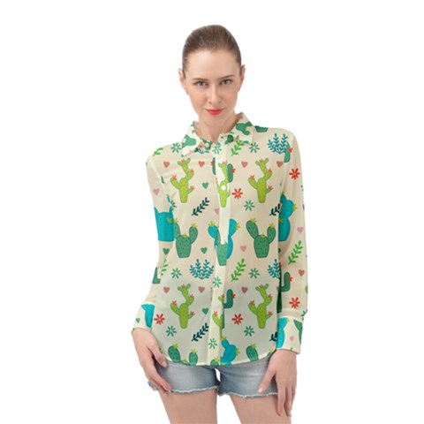 Cactus Succulent Floral Seamless Pattern Long Sleeve Chiffon Shirt by Wegoenart