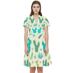 Cactus Succulent Floral Seamless Pattern Short Sleeve Waist Detail Dress