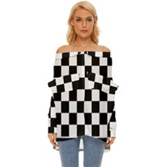 Chess Board Background Design Off Shoulder Chiffon Pocket Shirt by Wegoenart