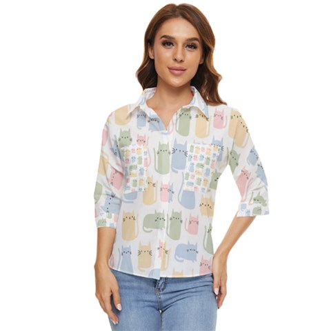 Cute-cat-colorful-cartoon-doodle-seamless-pattern Women s Quarter Sleeve Pocket Shirt by Wegoenart