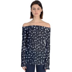 Chalk-music-notes-signs-seamless-pattern Off Shoulder Long Sleeve Top