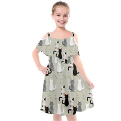 Cute-cat-seamless-pattern Kids  Cut Out Shoulders Chiffon Dress