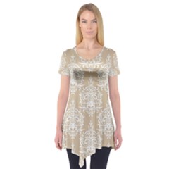 Clean Brown And White Ornament Damask Vintage Short Sleeve Tunic  by ConteMonfrey