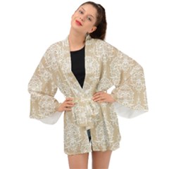 Clean Brown And White Ornament Damask Vintage Long Sleeve Kimono by ConteMonfrey