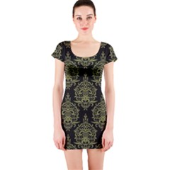 Black And Green Ornament Damask Vintage Short Sleeve Bodycon Dress by ConteMonfrey