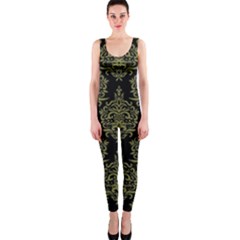 Black And Green Ornament Damask Vintage One Piece Catsuit by ConteMonfrey