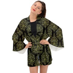 Black And Green Ornament Damask Vintage Long Sleeve Kimono by ConteMonfrey