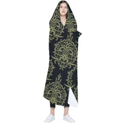 Black And Green Ornament Damask Vintage Wearable Blanket by ConteMonfrey