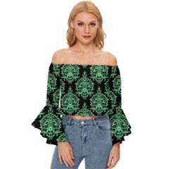 Black And Neon Ornament Damask Vintage Off Shoulder Flutter Bell Sleeve Top by ConteMonfrey