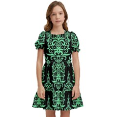 Black And Neon Ornament Damask Vintage Kids  Puff Sleeved Dress