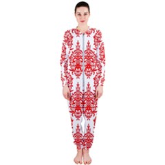 White And Red Ornament Damask Vintage Onepiece Jumpsuit (ladies) by ConteMonfrey