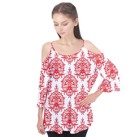 White And Red Ornament Damask Vintage Flutter Tees by ConteMonfrey