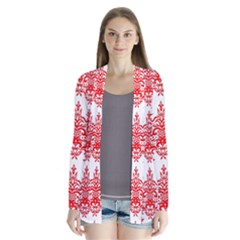 White And Red Ornament Damask Vintage Drape Collar Cardigan by ConteMonfrey