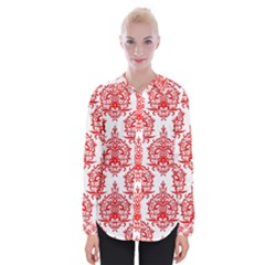 White And Red Ornament Damask Vintage Womens Long Sleeve Shirt