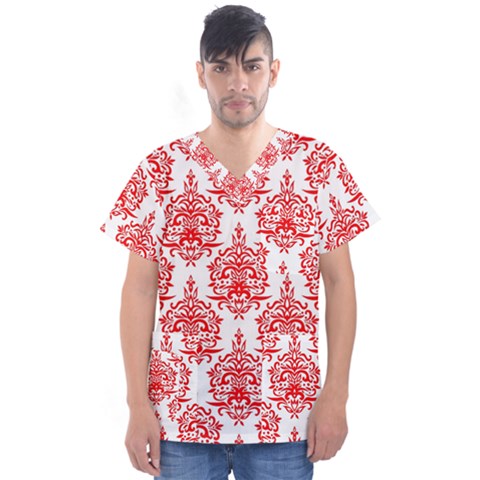 White And Red Ornament Damask Vintage Men s V-neck Scrub Top by ConteMonfrey