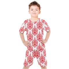 White And Red Ornament Damask Vintage Kids  Tee And Shorts Set by ConteMonfrey