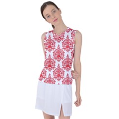 White And Red Ornament Damask Vintage Women s Sleeveless Sports Top by ConteMonfrey