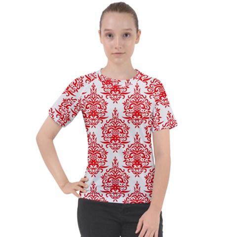 White And Red Ornament Damask Vintage Women s Sport Raglan Tee by ConteMonfrey