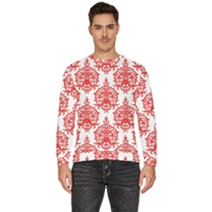 White And Red Ornament Damask Vintage Men s Fleece Sweatshirt by ConteMonfrey