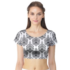 Black And White Ornament Damask Vintage Short Sleeve Crop Top