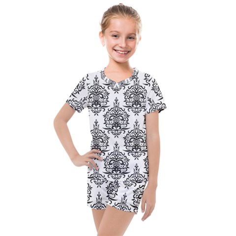 Black And White Ornament Damask Vintage Kids  Mesh Tee And Shorts Set by ConteMonfrey