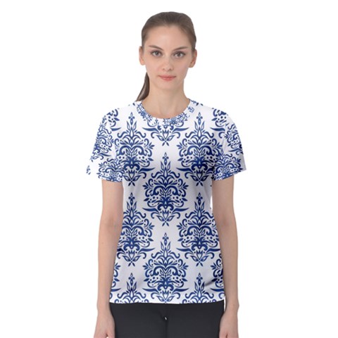 Blue And White Ornament Damask Vintage Women s Sport Mesh Tee by ConteMonfrey