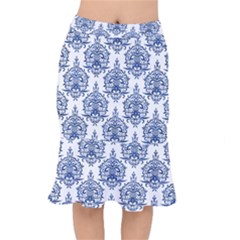 Blue And White Ornament Damask Vintage Short Mermaid Skirt by ConteMonfrey