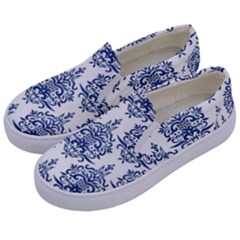 Blue And White Ornament Damask Vintage Kids  Canvas Slip Ons by ConteMonfrey