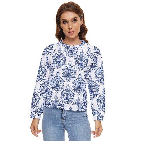 Blue And White Ornament Damask Vintage Women s Long Sleeve Raglan Tee by ConteMonfrey